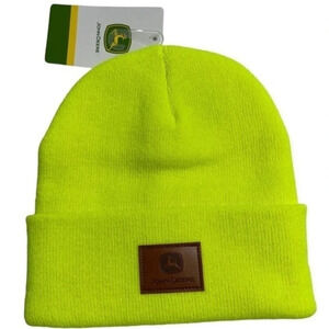 John Deere Men’s Beanie Cuffed Stocking Cap Hat Leather Patch‎ Yellow